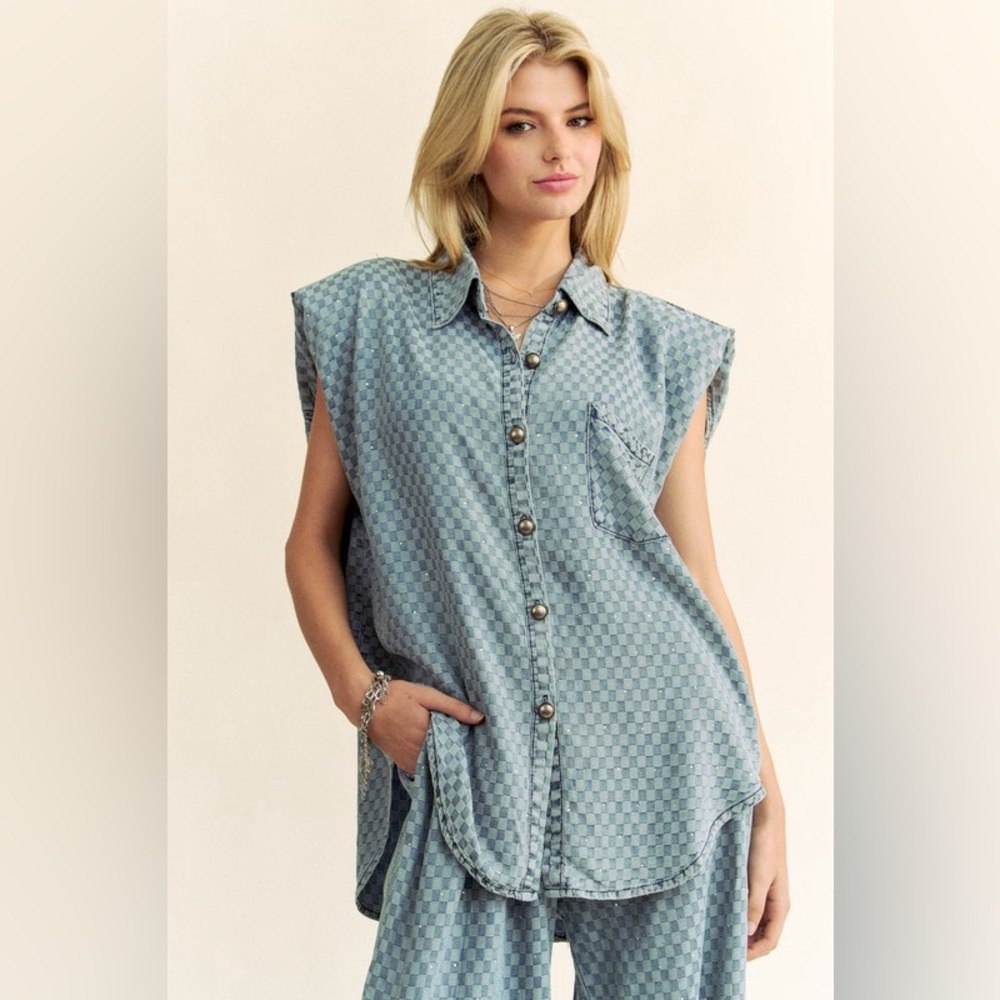 275B. Checkered Denim Button Down Shirt